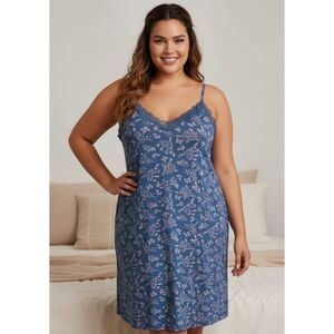 Thaila Sodi Lace Trim V-neck Nightie Blue Size 2X